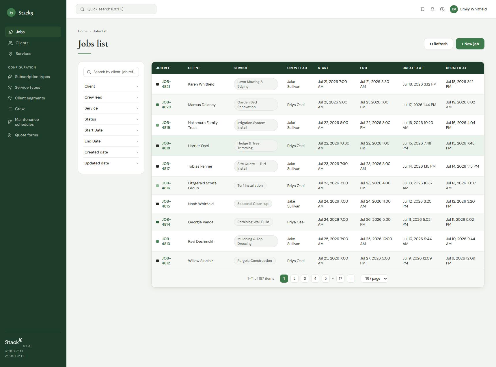Stack9 jobs dashboard for landscaping businesses