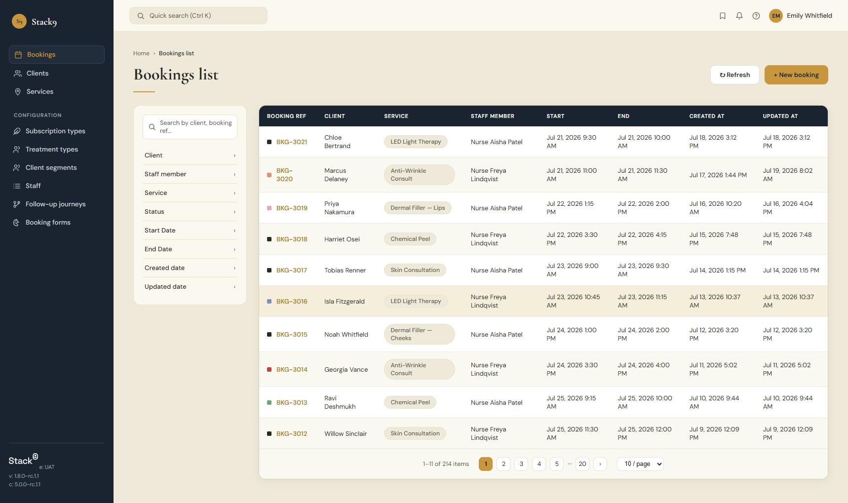 Stack9 bookings dashboard for aesthetic nurses