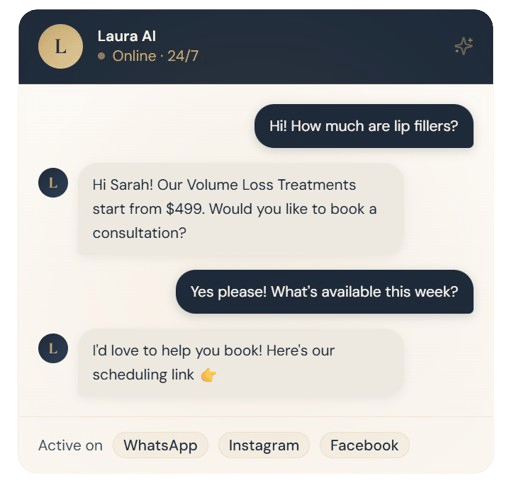 Laura AI receptionist chat interface for aesthetic nurses